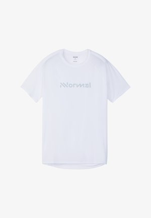 Weißes T-Shirt mit kurzen Ärmeln und Rundhalsausschnitt, leicht graues "Normal"-Logo mittig auf der Brust, aus leichtem Stoff gefertigt.