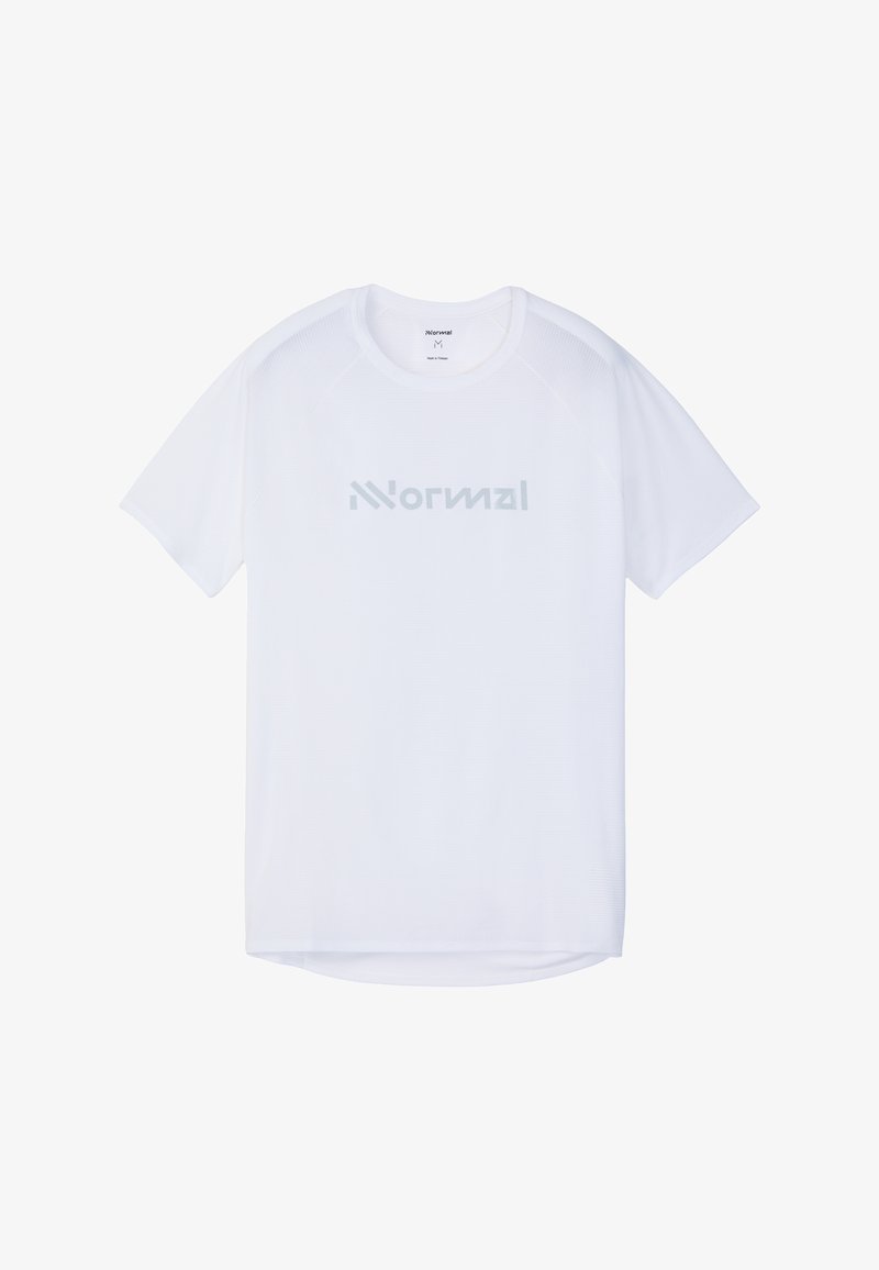 Wit T-shirt met korte mouwen en ronde hals, met een lichtgrijs "Normal"-logo gecentreerd op de borst, gemaakt van lichtgewicht stof.