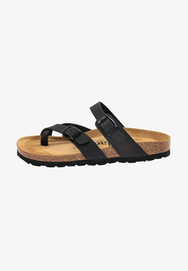 Sandale en cuir noir avec deux brides réglables à boucle, semelle en liège, semelle intérieure en daim beige et semelle extérieure en caoutchouc noir texturé.