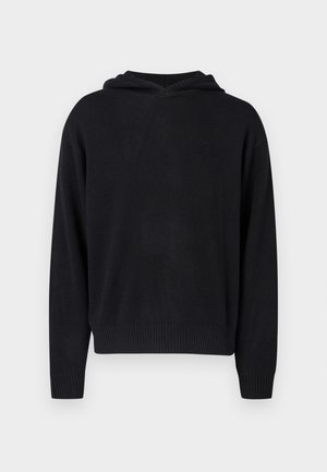 Hanorac negru cu mâneci lungi din tricot, cu manșete și tiv ribate, expus pe un fundal luminos simplu.