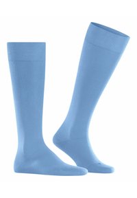 Calze alte fino al ginocchio di colore azzurro chiaro, realizzate in materiale morbido e elasticizzato, con un risvolto a coste e una punta senza cuciture per il massimo comfort.