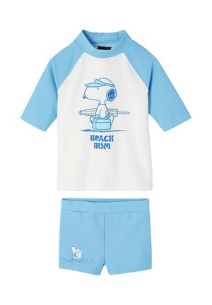 Two-piece kids' swimwear set with light blue sleeves and shorts; white top features Snoopy with umbrella and "Beach Bum" text.