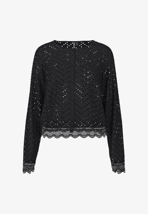 Juoda ilgo rankovės bluzon su perforuotu zigzaginiu raštu ir banguotu nėriniu. Su mygtukų užsegimu gale. Lengvas audinys.