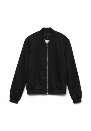 Veste bombardier noire en tissu doux, avec une fermeture éclair à l'avant, des poignets et un ourlet côtelés, et des poches latérales. Design minimaliste sans motifs.
