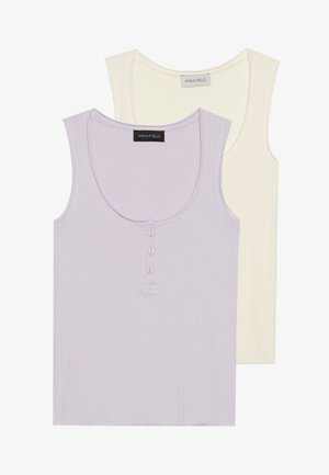 Two tank tops: one in light lavender with ribbed texture and button detail, and one in cream with similar design. Both have round necklines.