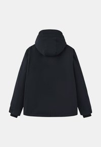 Veste à capuche bleu marine foncé avec une texture lisse, présentant une coupe ample, des poignets élastiques et sans embellissements visibles.