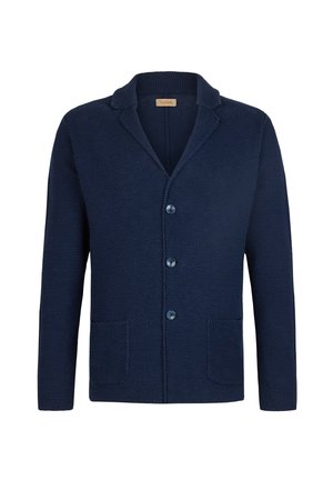Granatowy, dziergany kardigan o fakturze, z trzema guzikami, dwoma przednimi kieszeniami i kołnierzykiem z wycięciem.