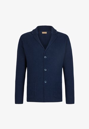 Marineblå tekstureret strikket cardigan med tre knapper, to forlommer og en hak krave.