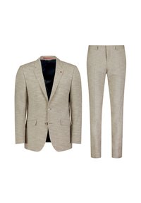 Beige Leinenanzug bestehend aus einem Blazer mit dunkler Fütterung und zwei Knöpfen, kombiniert mit schmal geschnittenen Hosen mit einem dezenten Struktur.