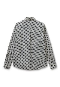Langarmshirt met een marineblauw en wit geometrisch patroon, met een kraag, rechte zoom en knoopmanchetten. Rugplooien voor extra bewegingsvrijheid.