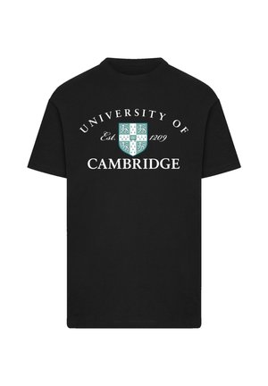 Black cotton t-shirt featuring "University of Cambridge" text and coat of arms in teal and white; crew neck and short sleeves.