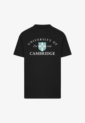 Schwarzes Baumwoll-T-Shirt mit dem Text "University of Cambridge" und dem Wappen in Türkis und Weiß; Rundhalsausschnitt und kurze Ärmel.