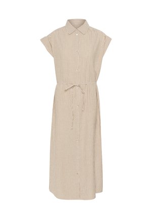 Csíkos, gombos ruha bézs és fehér színben. Rövid, kapucnis ujjakkal, derékban megkötő övvel, és egyenesen eső, középtérd magasságig ér. 