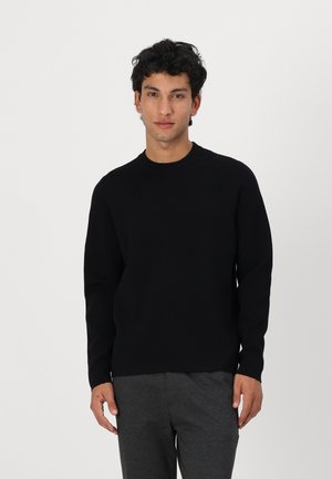 Black knit sweater with a crew neck, long sleeves, and a smooth texture. Worn with gray pants, shown against a plain white background.
