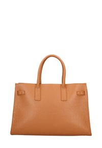 Borsa a mano in pelle tan con finitura texture, doppio manico corto e forma rettangolare. Presenta hardware minimal e nessun marchio visibile.