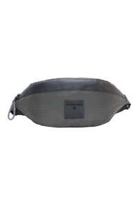 Graue Gürteltasche aus strukturiertem Stoff mit einem schwarzen gl�änzenden oberen Teil und einem Reißverschluss. Verfügt über ein Marken-Patch und einen Schlaufen-Reißverschluss.