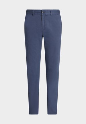 Navy blue cotton trousers featuring a straight cut, button closure, and front pockets, with a smooth texture and no visible patterns.