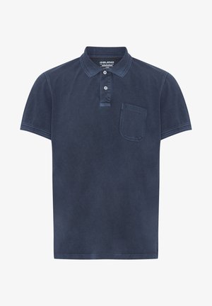 Marineblauwe polo-shirt gemaakt van katoen, met korte mouwen, een tweeknoopsluiting en een enkele borstzak. Glad textuur en casual ontwerp.