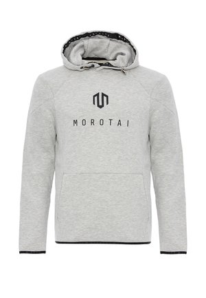 Šviesiai pilka su gobtuvu megztinis su juodu "MOROTAI" logotipu, turintis kengūros kišenę ir suvarstomą gobtuvą. Minkšta, tekstūruota medžiaga.