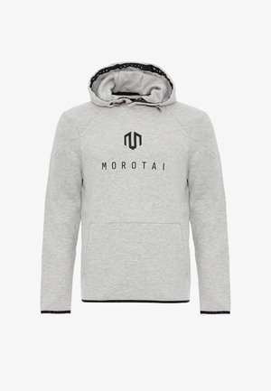 Világosszürke kapucnis pulóver fekete "MOROTAI" logóval, kenguruzsebbel és fűzős kapucnival. Puha, textúrált anyag.