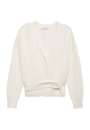 Cremefarbene gerippte Strickjacke mit V-Ausschnitt, fünf Knöpfen auf der Vorderseite und überschnittenen Schulternähten. Auf taillierter Länge gekürzt.