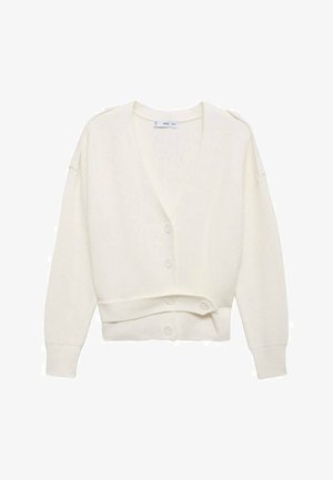 Cardigan a coste color crema con scollo a V, cinque bottoni sul davanti e spalle scese. Corto in vita.