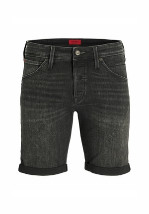 Pantalones cortos de mezclilla negra con dobladillo vuelto, diseño de cinco bolsillos y cierre de botón en la parte frontal. Presenta un desvanecido sutil y una etiqueta de marca en la cintura.