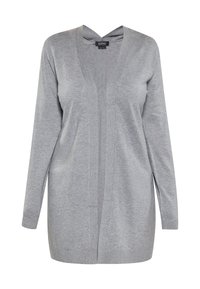 Cardigan gri deschis dintr-un material moale, cu decolteu în V, mâneci lungi, design deschis în față și mansete și tiv cu detalii în formă de coardă.