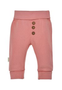 Rosa strukturierte Babypants mit einem breiten Bund, drei dekorativen braunen Knöpfen und gerippten Bündchen an den Knöcheln.