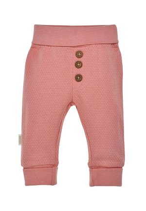 Rosa strukturierte Babypants mit einem breiten Bund, drei dekorativen braunen Knöpfen und gerippten Bündchen an den Knöcheln.