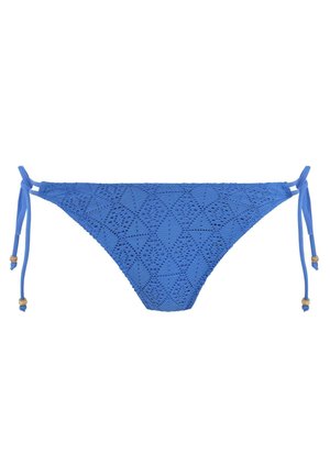 Blaue Bikini-Unterteile mit einem strukturierten Rautenmuster, verstellbaren Seitenschnüren und Metallakzentperlen an den Schnüren. Hergestellt aus leichtem Material.