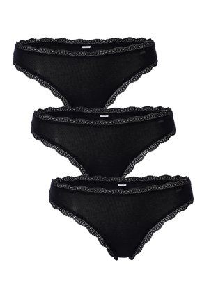Mutandine nere con pizzo, in un pacco da tre, realizzate in un tessuto morbido e con un design a vita bassa, caratterizzate da dettagli intricati lungo i bordi.
