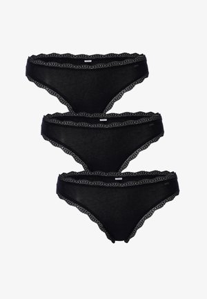 Mutandine nere con pizzo, in un pacco da tre, realizzate in un tessuto morbido e con un design a vita bassa, caratterizzate da dettagli intricati lungo i bordi.