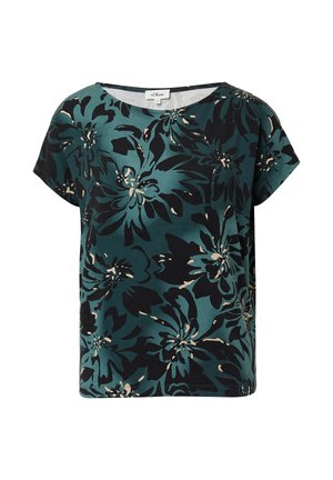 T-shirt floral en teal et noir, à manches courtes, coupe ample, présentant de grandes fleurs abstraites et des accents crème sur un tissu doux.
