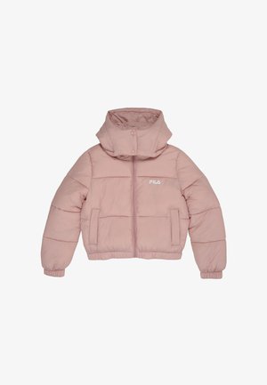 Giacca a vento rosa con colletto alto, zip frontale, due tasche laterali e logo FILA bianco sul lato sinistro. Design trapuntato.
