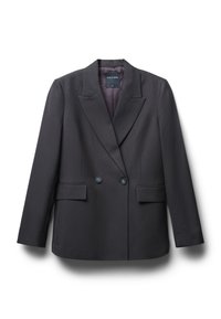 Blazer nero doppiopetto con colletto a risvolto, due tasche frontali e tessuto testurizzato con una fodera interna liscia.
