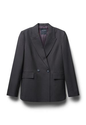 Schwarz doppelt geknöpfter Blazer mit Reverskragen, zwei vorderen Taschen und strukturiertem Stoff sowie einem glatten Innenfutter.