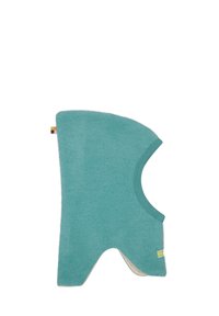 Scaldacollo in fleece turchese con un'apertura arrotondata per il viso, texture morbida e un piccolo etichetta laterale con un logo.
