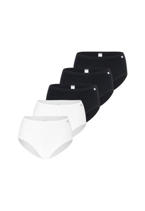 Cinq paires de culottes en coton pour femmes en noir et blanc, disposées en rangée décalée avec deux culottes blanches devant et trois noires derrière.