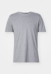 Camiseta gris de manga corta hecha de una mezcla de algodón, con un clásico cuello redondo y una textura lisa y suave.