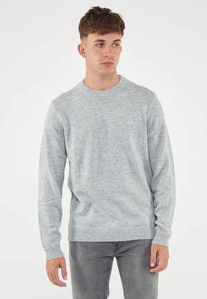 Maglione grigio chiaro con texture lavorata a maglia, scollo rotondo, polsini e bordo a coste. Piccolo logo accentuato sul petto. Abbinato a jeans grigi.