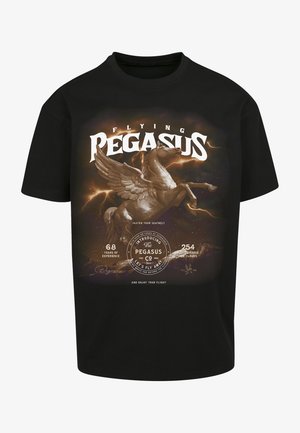 Black t-shirt featuring a graphic print of a winged horse, lightning, and text elements in white and gold hues. Round neckline, short sleeves.