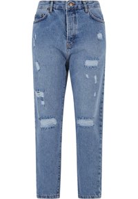 Jean en denim bleu clair, taille haute, jambe droite, avec un design déchiré comportant des déchirures et des bords effilochés.