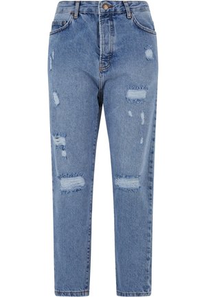 Lys blå denimjeans med høj talje, lige ben og distressed design, der har huller og flagrende kanter overalt.
