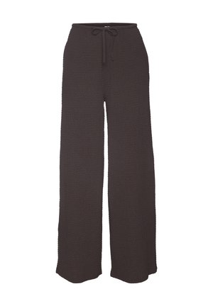 Donkerbruine broek met wijde pijpen en een taille met aantrekkoord, gemaakt van een gestructureerde stof, afgebeeld tegen een witte achtergrond.