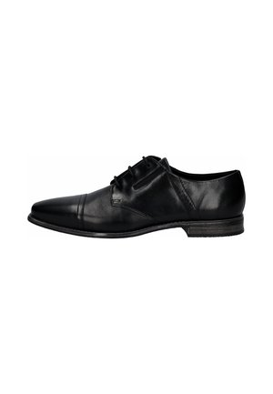 Chaussure habillée pour homme en cuir noir avec lacets, bout droit et talon bas empilé, vue de côté extérieur.