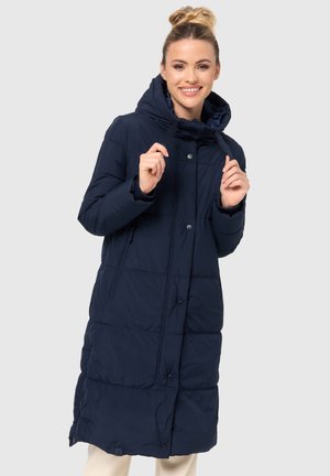 Navy blue puffer coat with a hood, featuring a button closure, zippered side pockets, and a quilted pattern for insulation.
