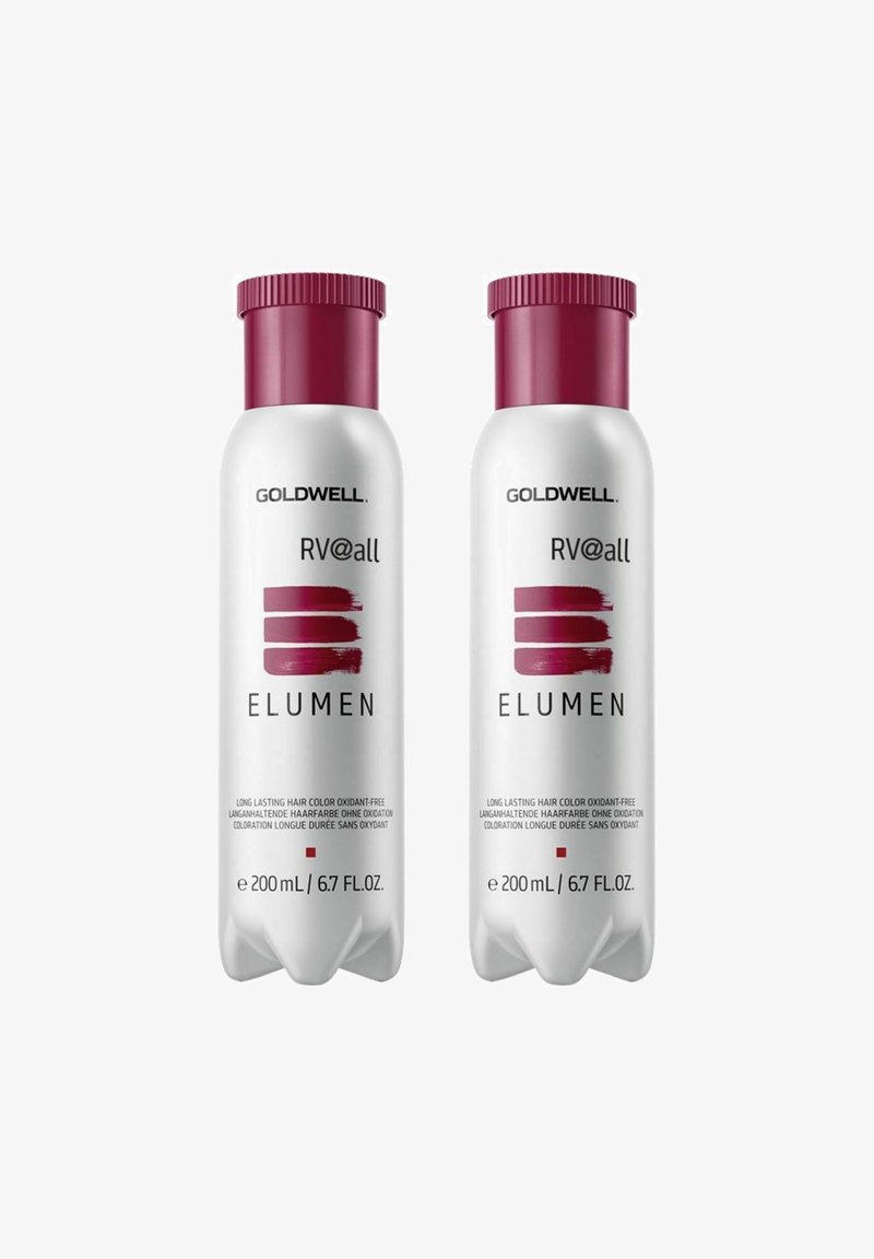 Two 200 mL white bottles with red caps, labeled "GOLDWELL ELUMEN RV@all." Contains details about product usage and color.