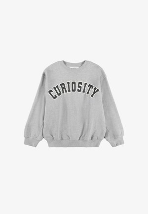 Jasnoszara bluza z długim rękawem z prążkowanymi mankietami i dołem, z napisem „CURIOSITY” dużymi, pogrubionymi, łukowatymi czarno-białymi literami na wysokości klatki piersiowej.