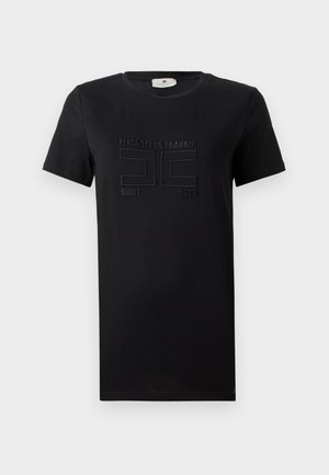 Black cotton t-shirt featuring short sleeves, a round neck, and a front embossed logo design, including "Elisabetta Franchi" and "since 1998."